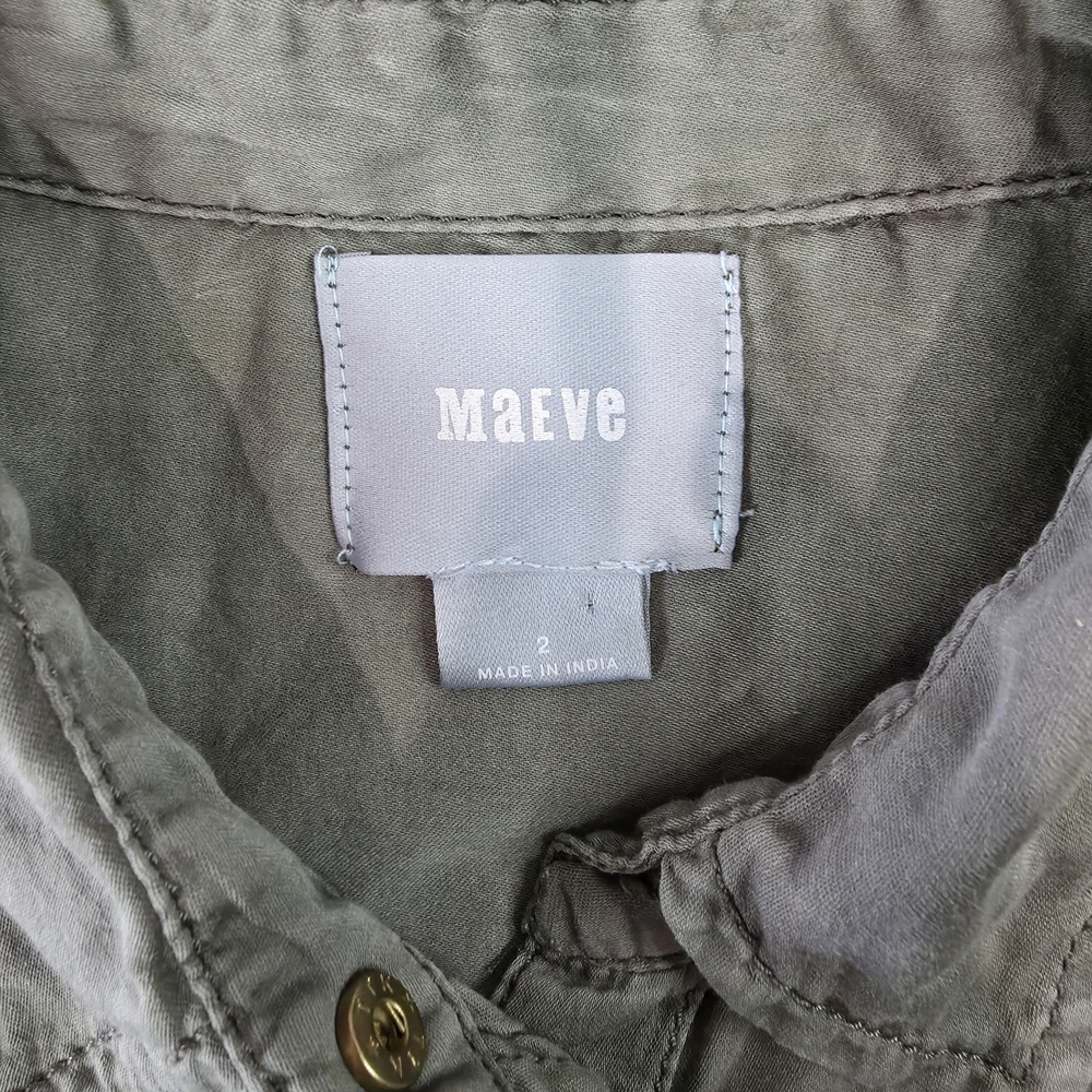 Mauve by Anthropology long-sleeve button-up utility shirt olive green sz 2 - Picture 2 of 10